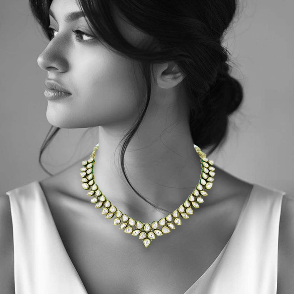 Polki Diamond Necklace with Soft Green Enamel